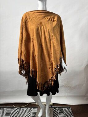 Fringed Suede Poncho Embroidered Cut-Out Details Brown St. Topaz Made In Italy